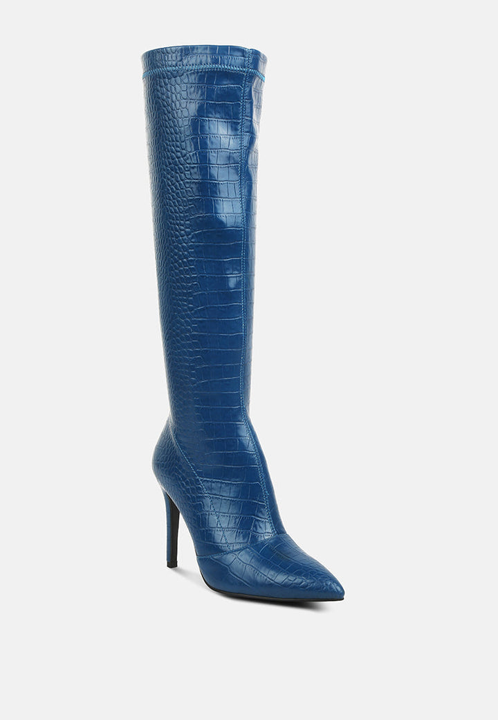 wheedle croc high heeled calf boots by ruw#color_navy