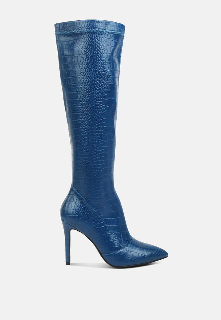 wheedle croc high heeled calf boots by ruw#color_navy